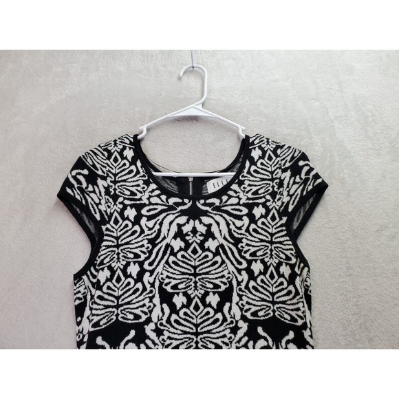 ELLE Fit & Flare Dress Womens Medium Black Geo Print Cotton Cap Sleeve Back Zip - Picture 4 of 7